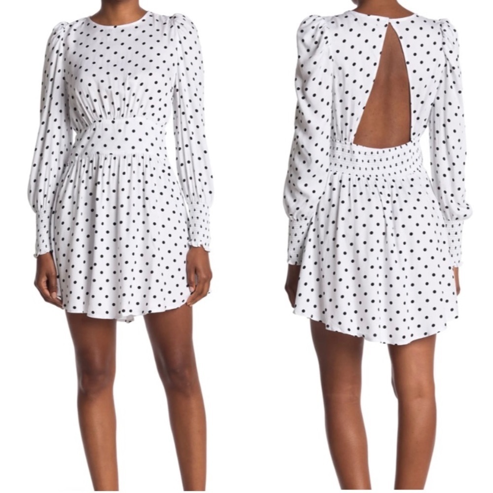 NWT AFRM Polka Dot Long Sleeve Cutout Smocked Mini Dress, Size Small